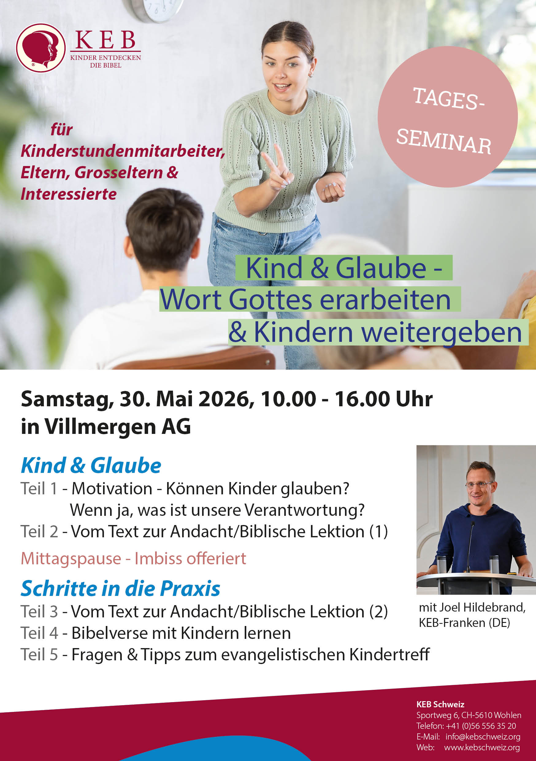 Flyer - 75 Jahre KEB in der Schweiz - Vorderseite mit Einladung, Adresse, Datum & Zeit