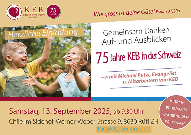 Flyer - 75 Jahre KEB in der Schweiz - Vorderseite mit Einladung, Adresse, Datum & Zeit